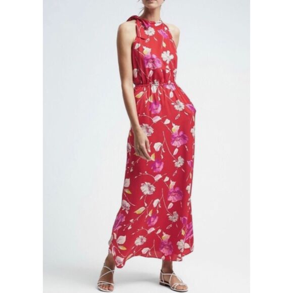 Banana Republic Red Floral Sleeveless Tie Neck Halter Maxi Dress Size S TALL - Picture 2 of 11